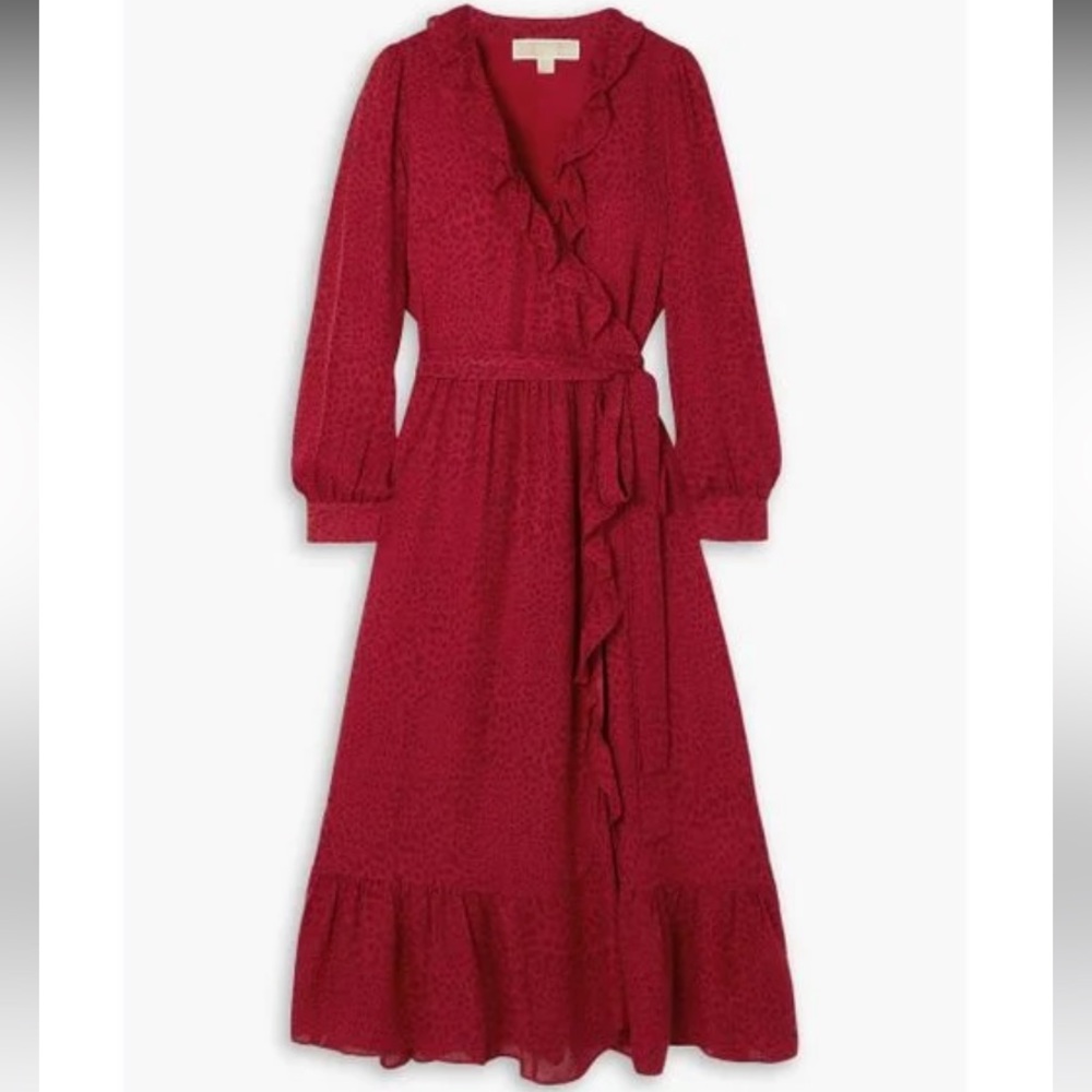 NWT Michael Kors Ruffled Leopard Print Silk Crepe De Chine Wrap dress